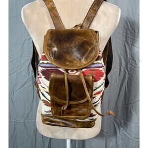 NEW‎ S 13x9x4" Tan Genuine Leather Aztec Fabric Backpack Bag Pocketbook Country
